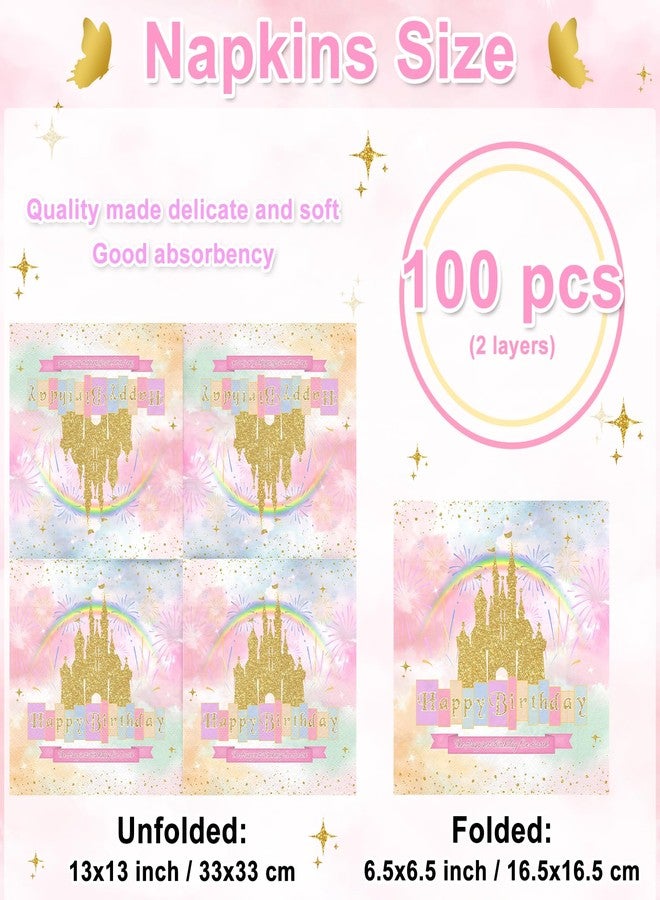 Lecheme Princess Birthday Napkins 100-Pcs Disposable Colorful Rainbow Gold Castle Paper Napkins for Girls Party Luncheon Dinner Princess Birthday Party Decorations - Image 2